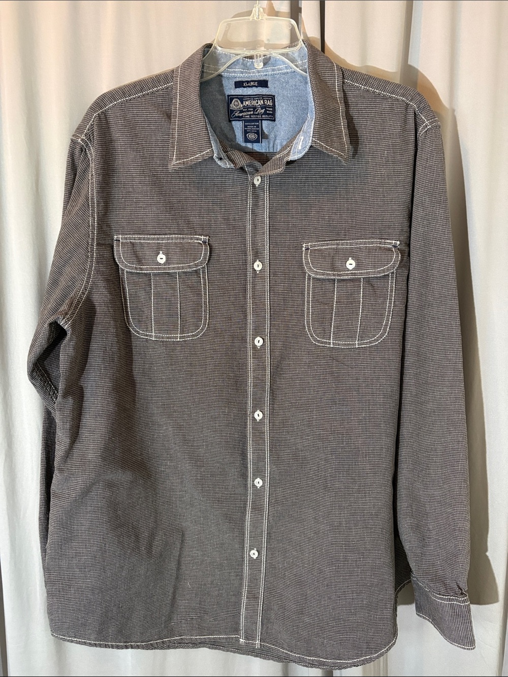 American Rag Men’s Charcoal Gray Button-Down Shirt with White Stitching